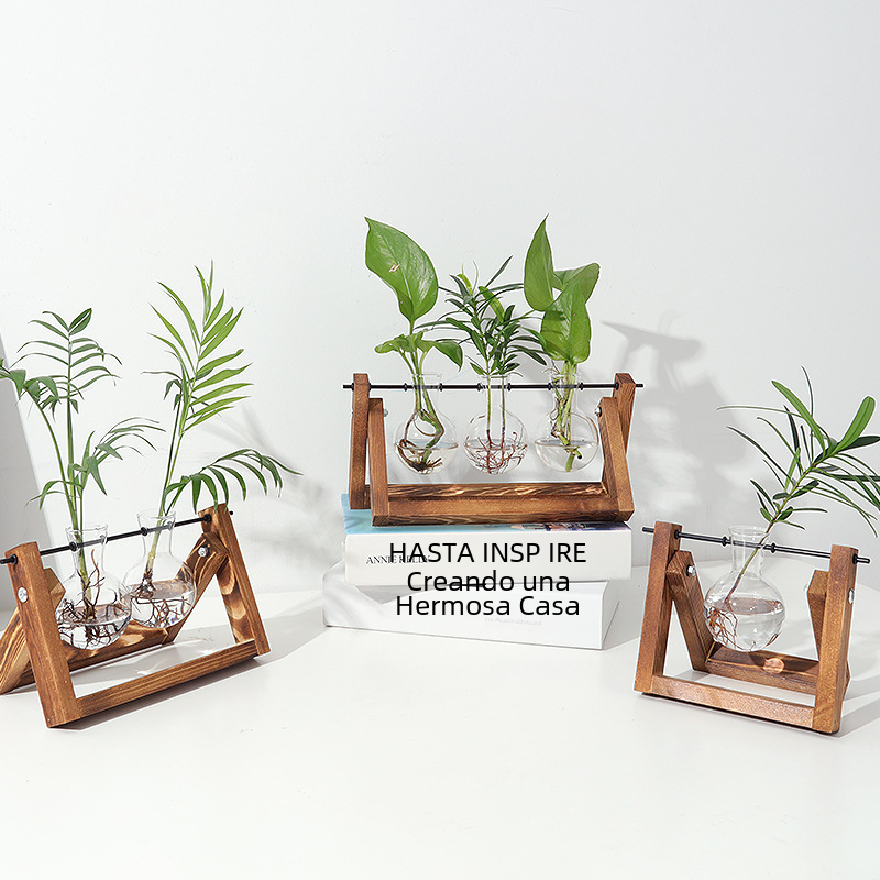 Creative Wood Frame Hydroponic Glass Vase for Plants