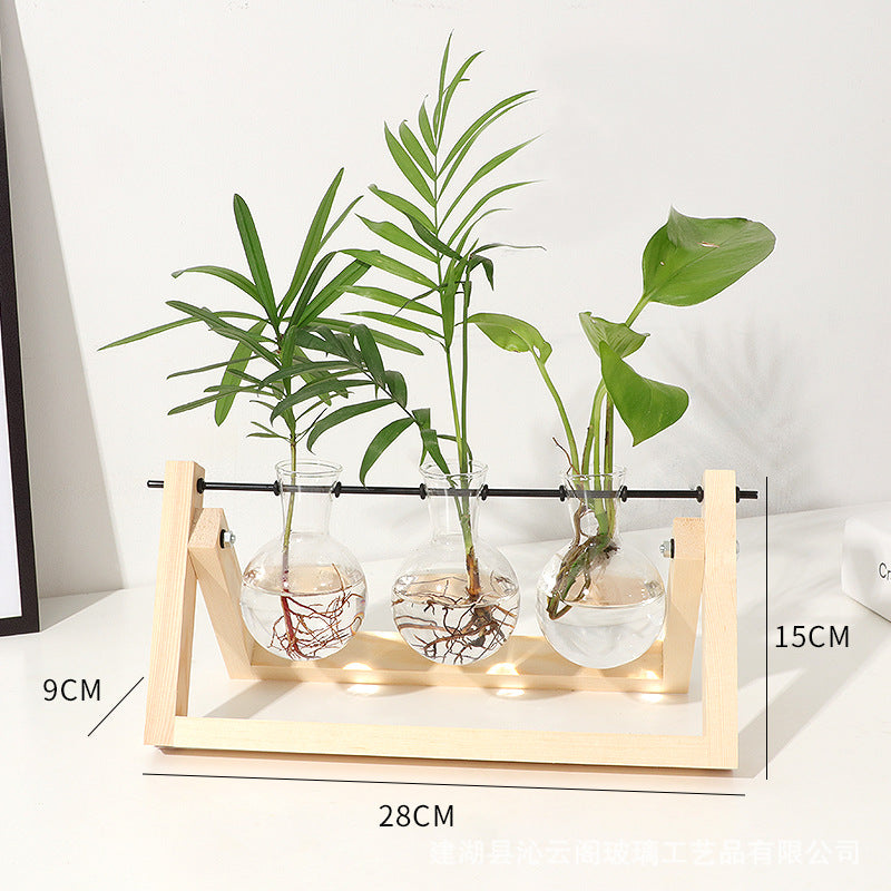 Creative Wood Frame Hydroponic Glass Vase for Plants