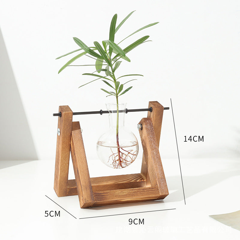Creative Wood Frame Hydroponic Glass Vase for Plants