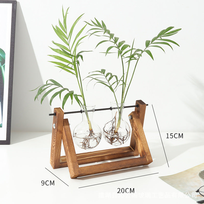 Creative Wood Frame Hydroponic Glass Vase for Plants