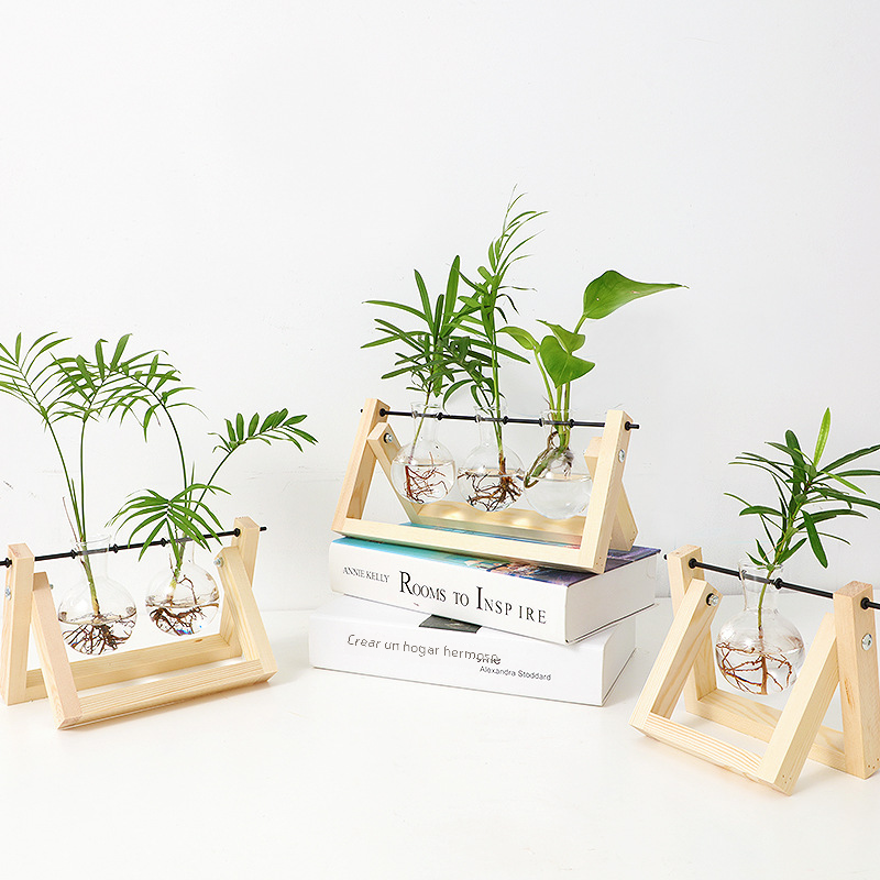 Creative Wood Frame Hydroponic Glass Vase for Plants