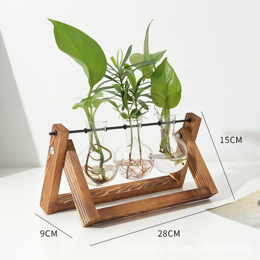 Creative Wood Frame Hydroponic Glass Vase for Plants